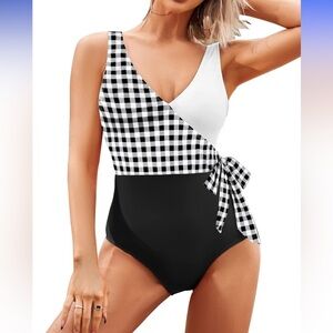 AI'MAGE Color Block Wrap One Piece Swimsuit Size Large